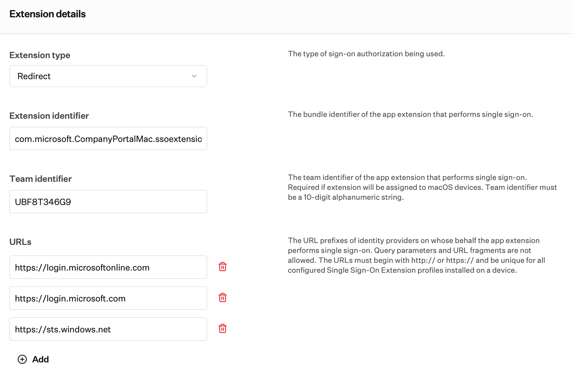 Single Sign-on Extension Library Item extension details showing Extension type, Extension identifier, Team identifier, and URLs