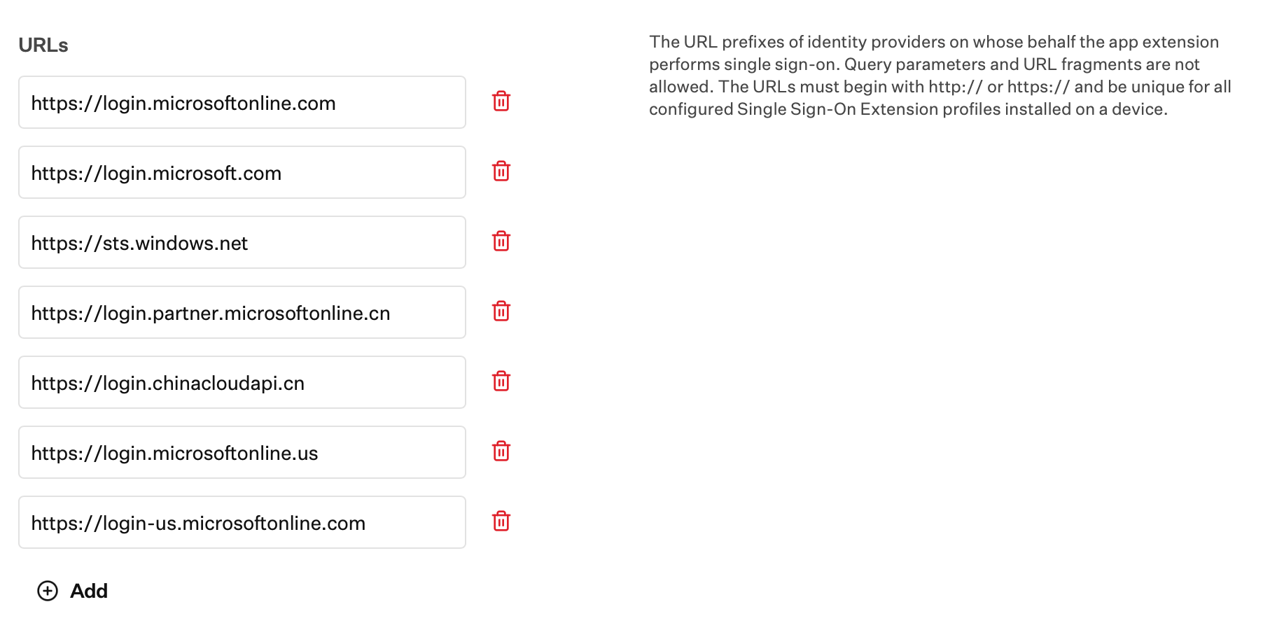 Single Sign-on Extension Library Item showing optional sovereign cloud URL fields