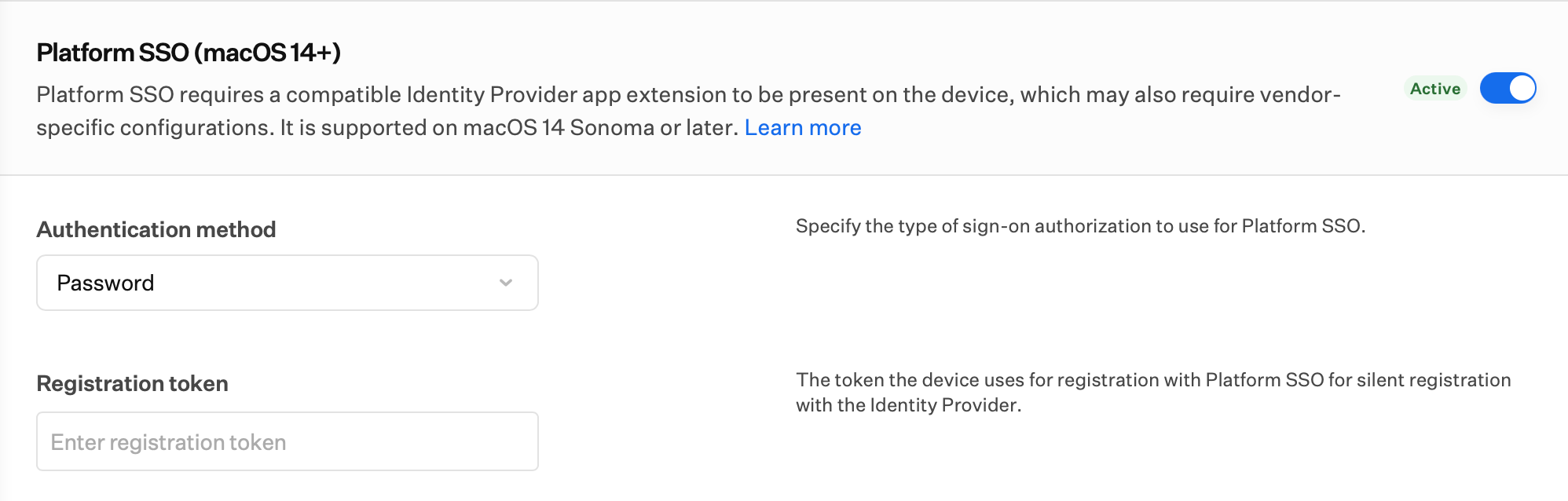 Platform SSO authentication method and Registration token fields in the Single Sign-on Extension Library Item