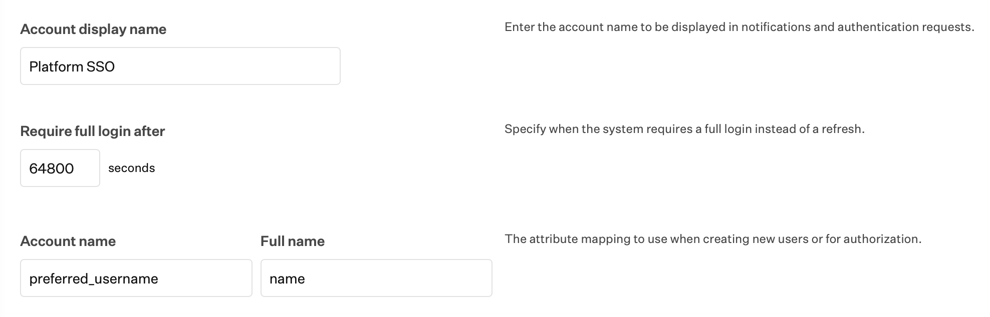 Platform SSO Account display name, Require full login, and Token mapping fields