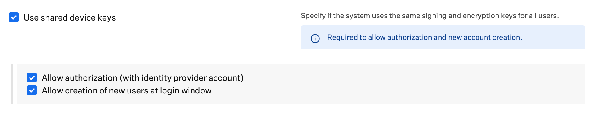 Platform SSO Shared Device Keys, Allow authorization, and Allow creation of new users at login