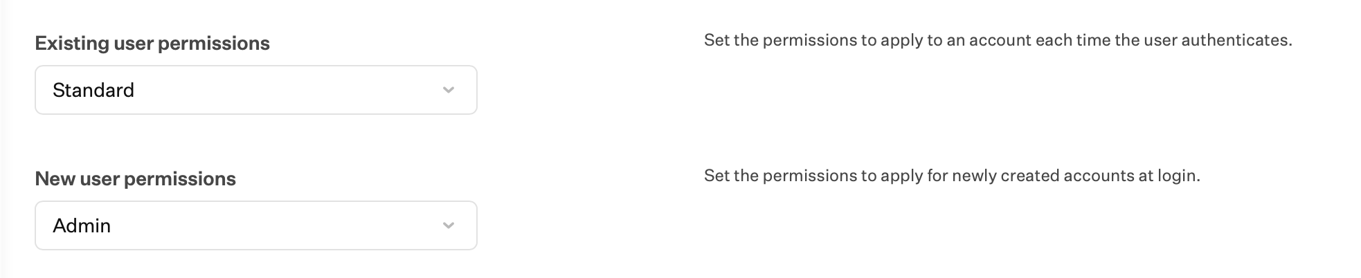 Platform SSO Existing Users and New Users permission settings