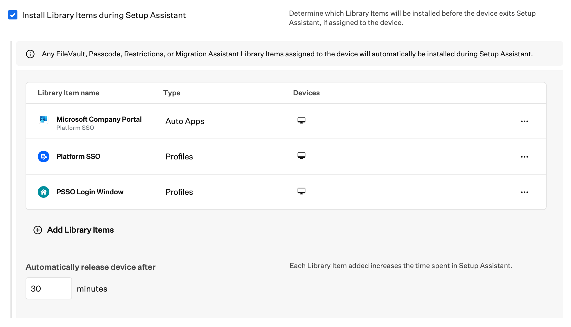 Automated Device Enrollment Mac section with Library Items selected for Install Library Items during Setup Assistant