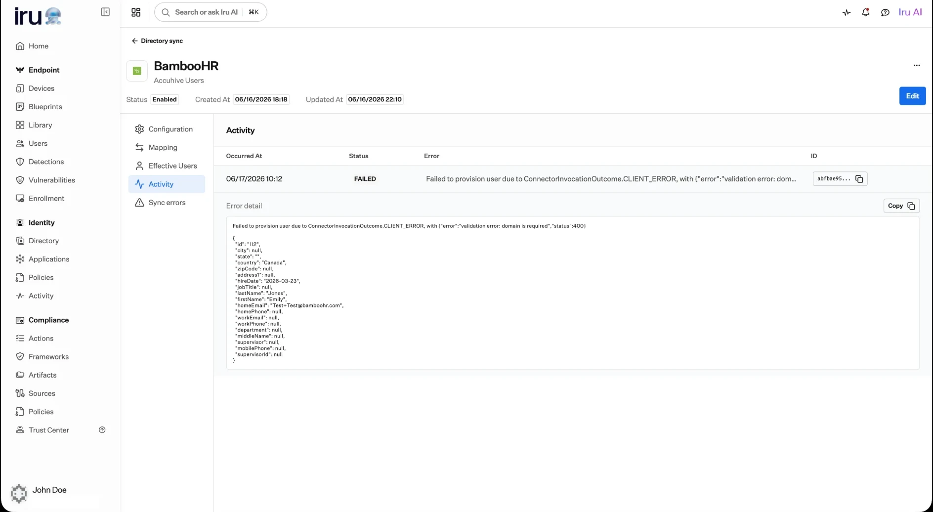 The Activity tab of a connection showing a FAILED entry and an expanded error detail explaining that a user could not be provisioned because a required attribute was missing.