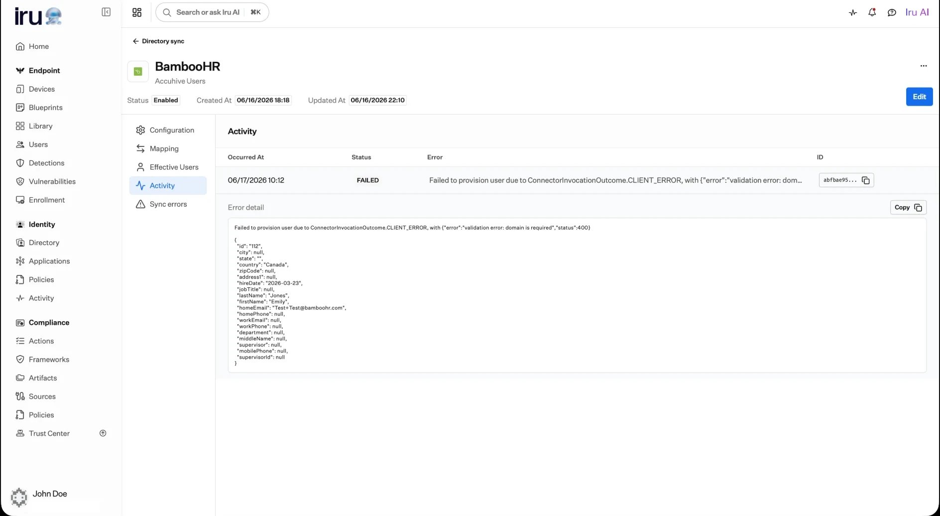 The Activity tab of a connection showing a FAILED entry and an expanded error detail explaining that a user could not be provisioned because a required attribute was missing.