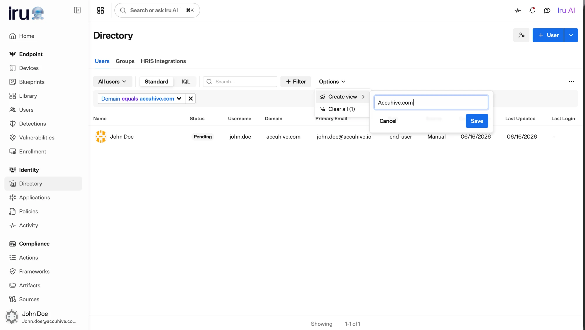 The Create view option with a name field set to Accuhive.com and a Save button.