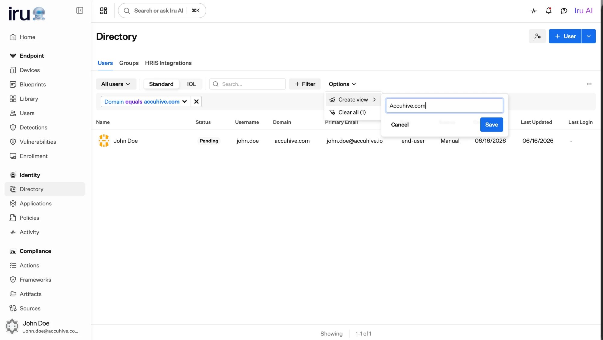 The Create view option with a name field set to Accuhive.com and a Save button.