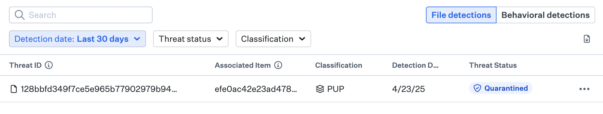 One file detection in File detections tab in Device Record