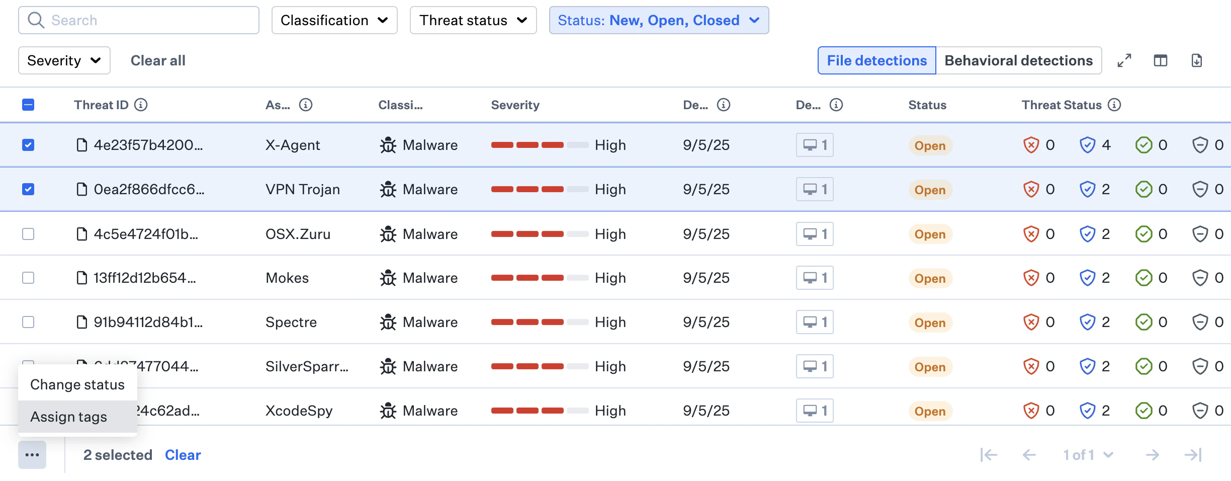 Assign tags option and tag list for threat detection