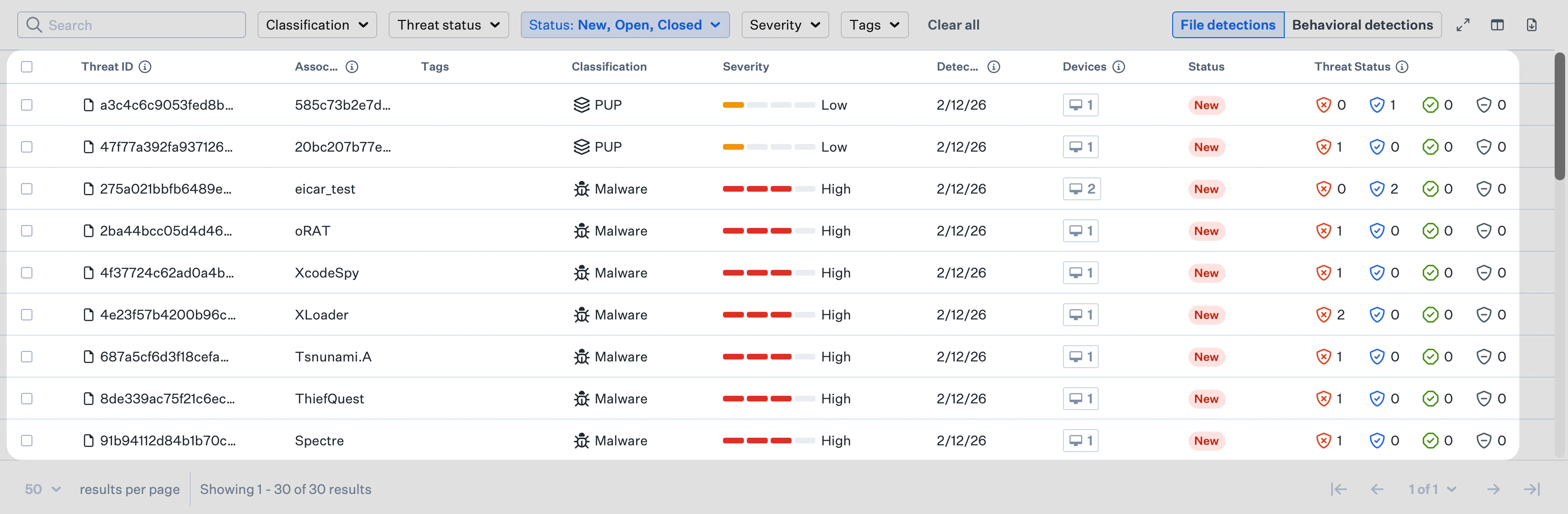Detections List (detections table) on the Detections page