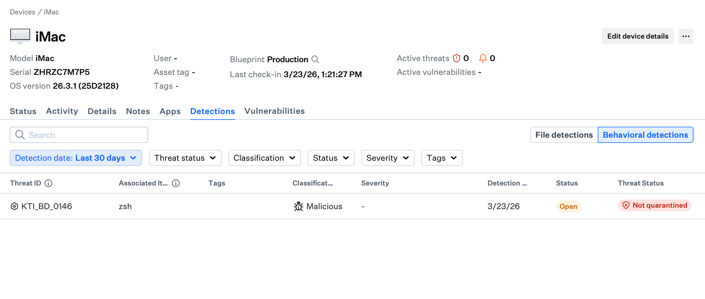 Endpoint Detection and Response EDR device record view