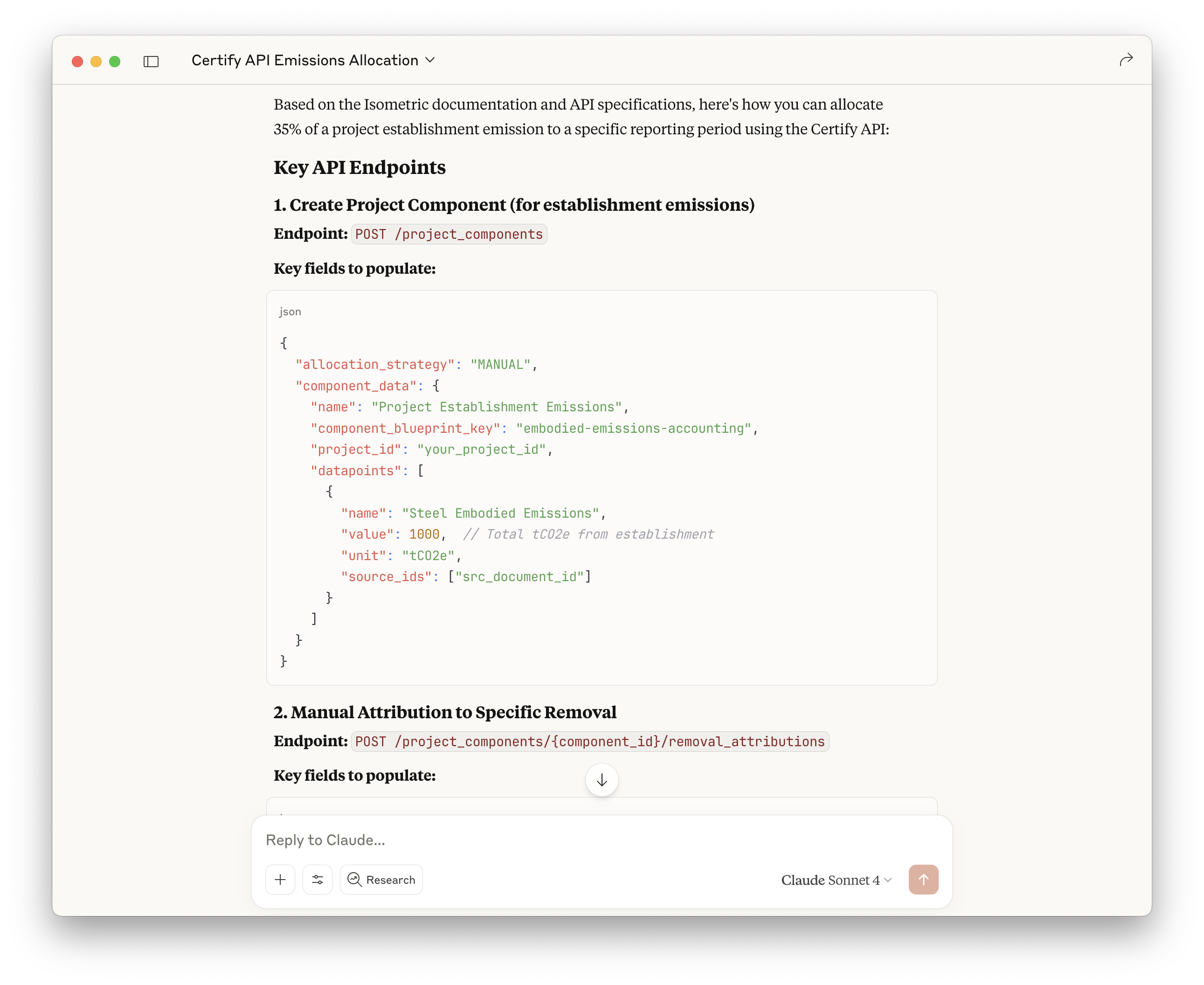 Claude Desktop showing the response to a question about API usage