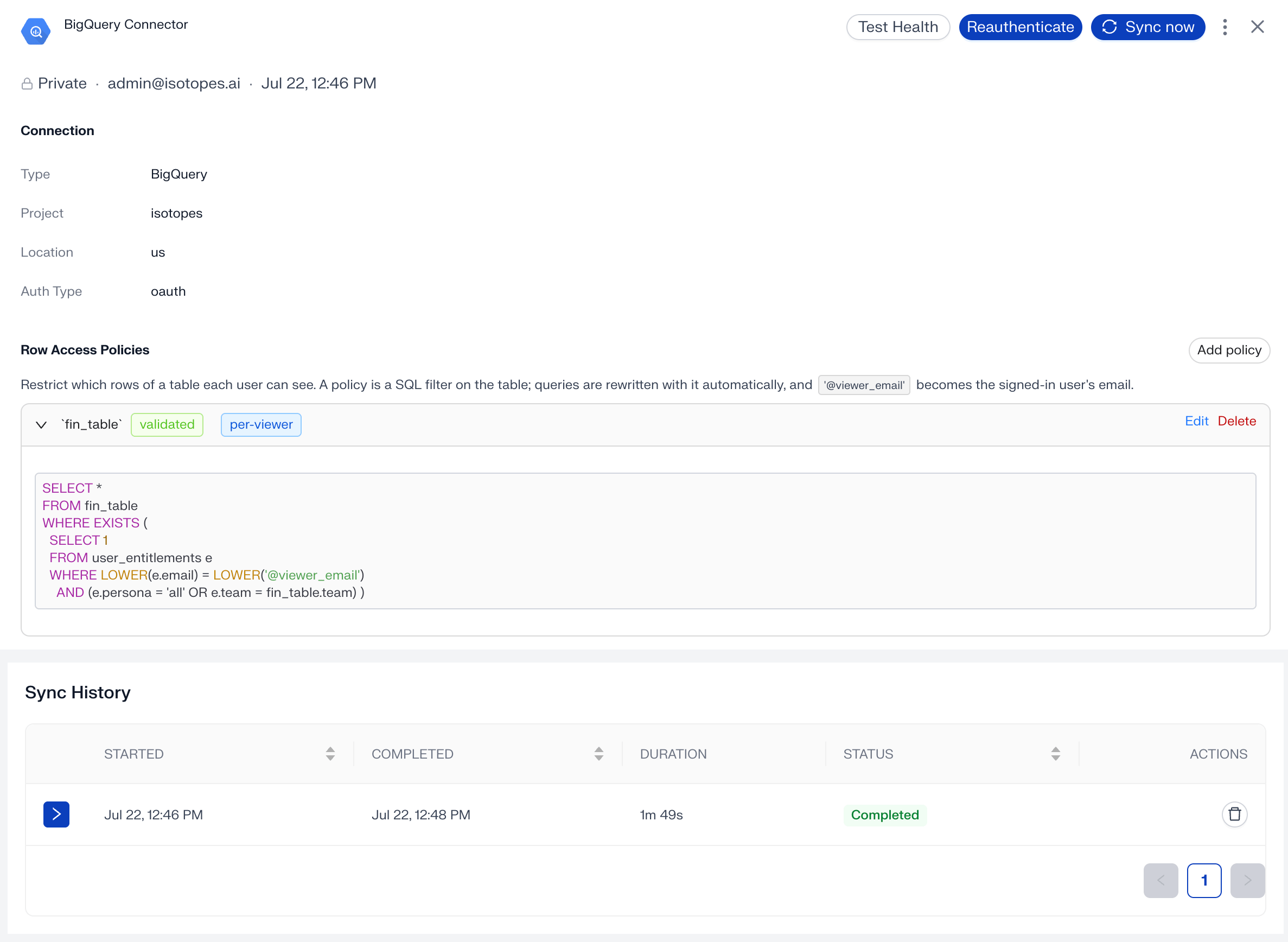 Row Access Policies section on the BigQuery connector detail page