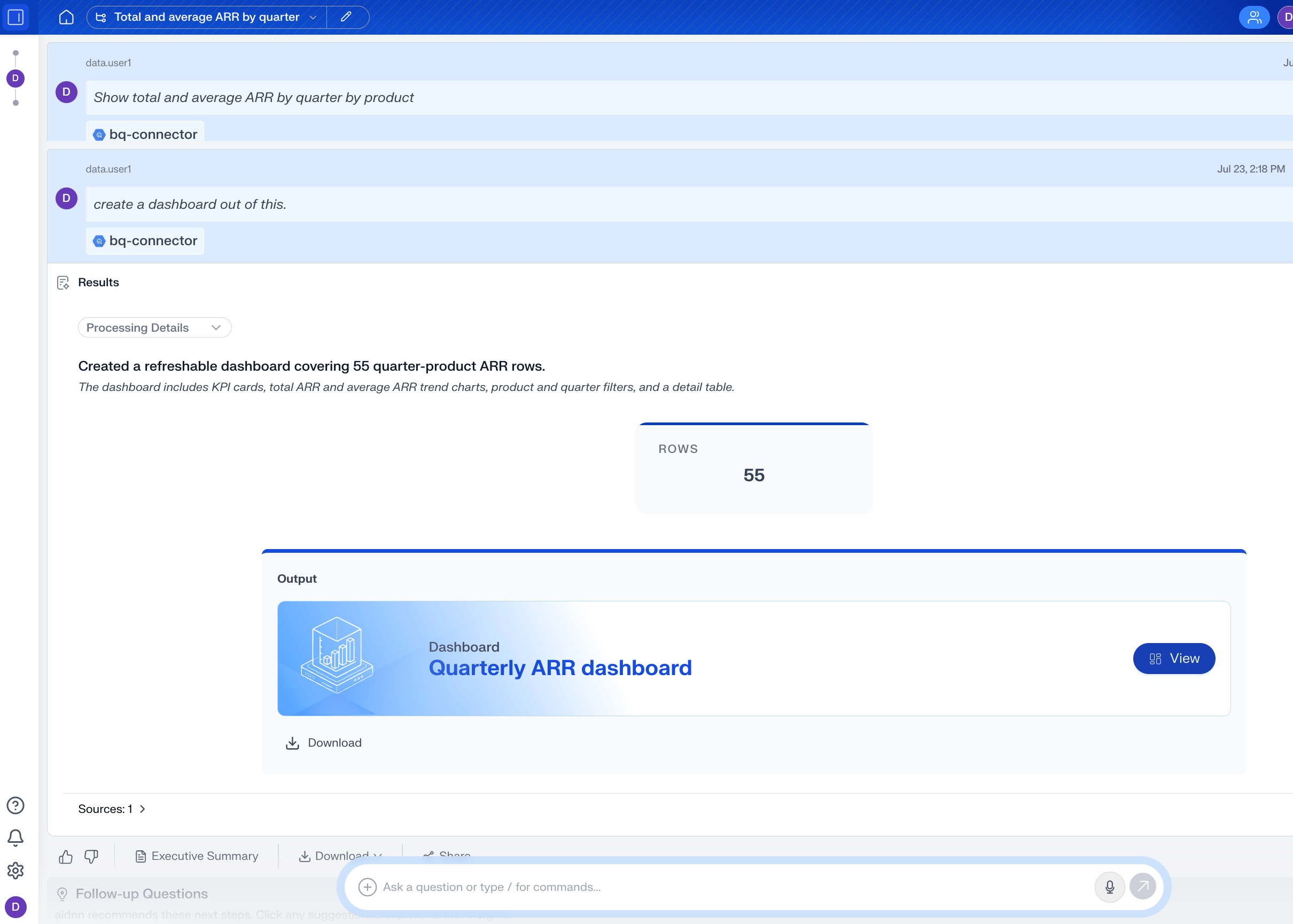 data.user1 creates the Quarterly ARR dashboard