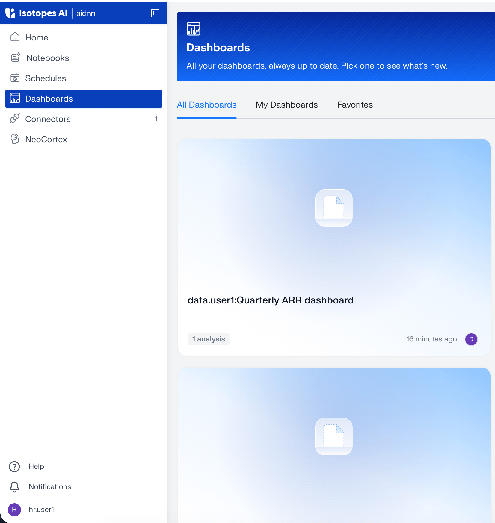 hr.user1 sees the published dashboard in the Dashboards list