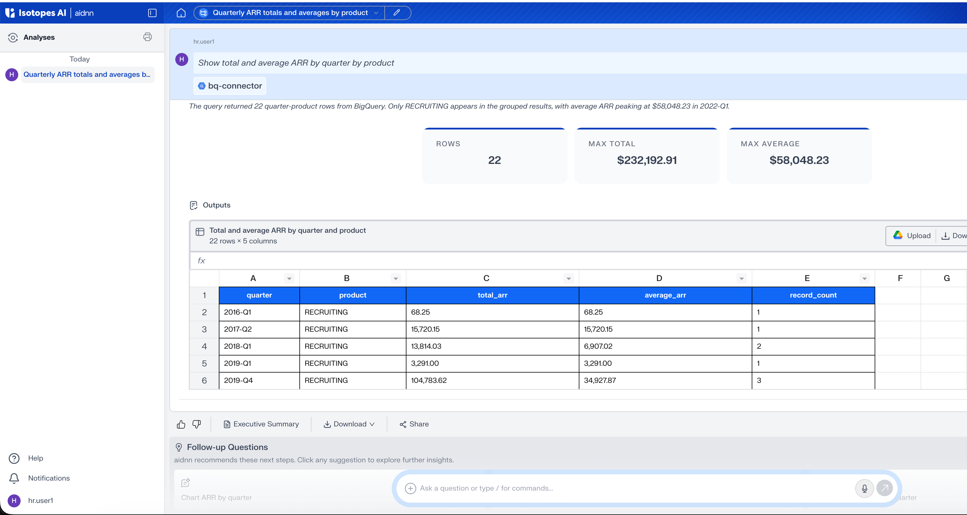 hr.user1's notebook returns only RECRUITING rows