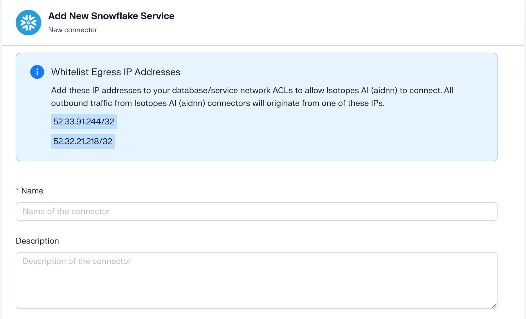 Add New Snowflake Service page