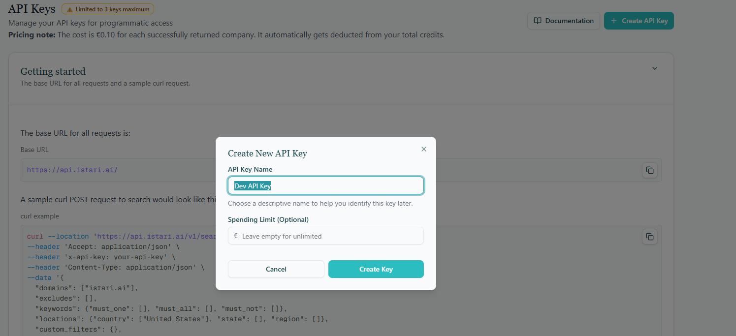Create API key modal