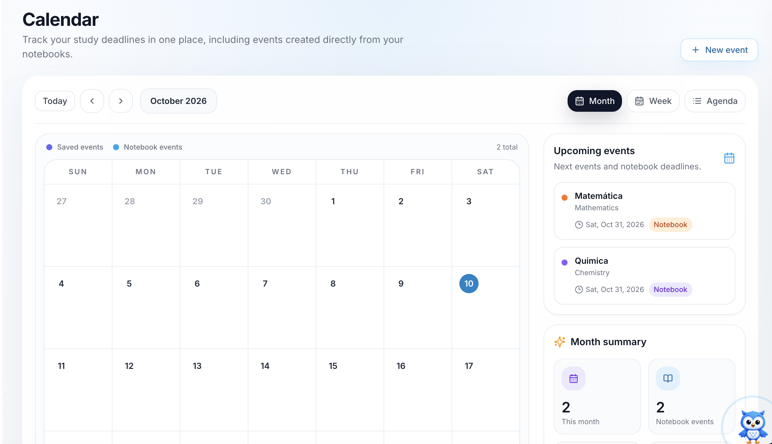 iStudix Calendar in Month view with Upcoming events and Month summary panels