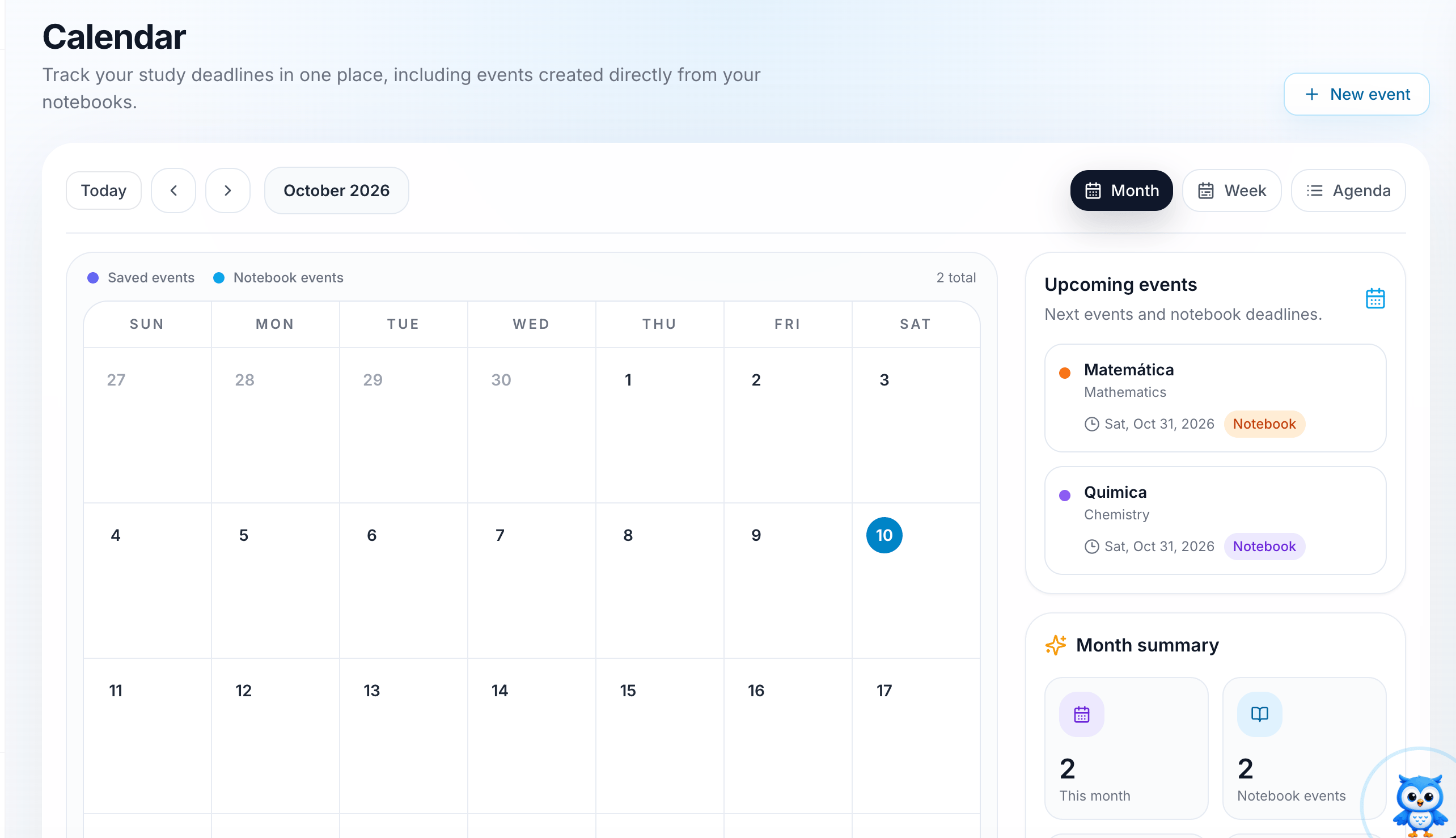 iStudix Calendar in Month view with Upcoming events and Month summary panels
