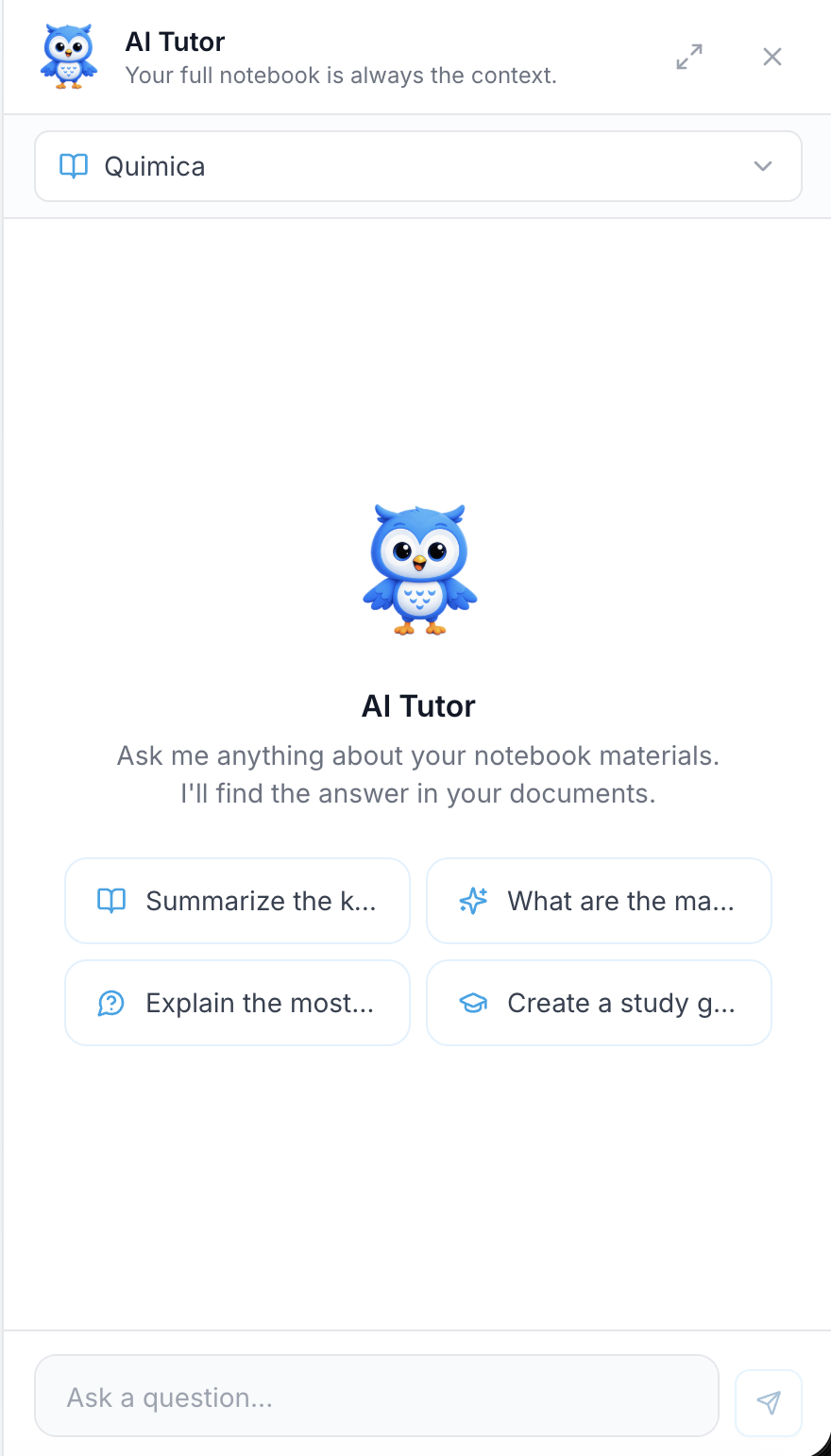 iStudix AI Tutor panel with a notebook selector, suggested prompts, and an Ask a question box