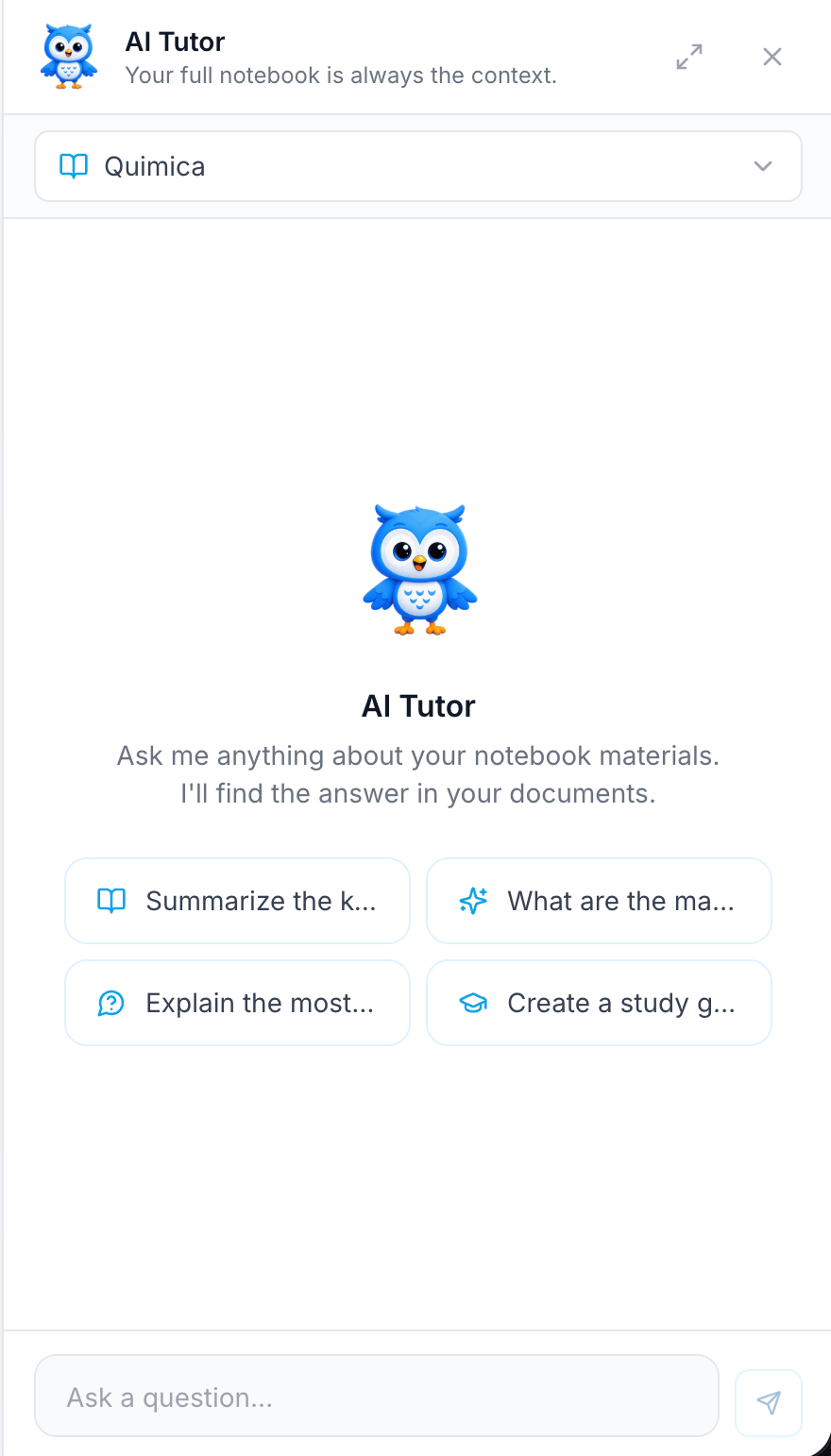 iStudix AI Tutor panel with a notebook selector, suggested prompts, and an Ask a question box