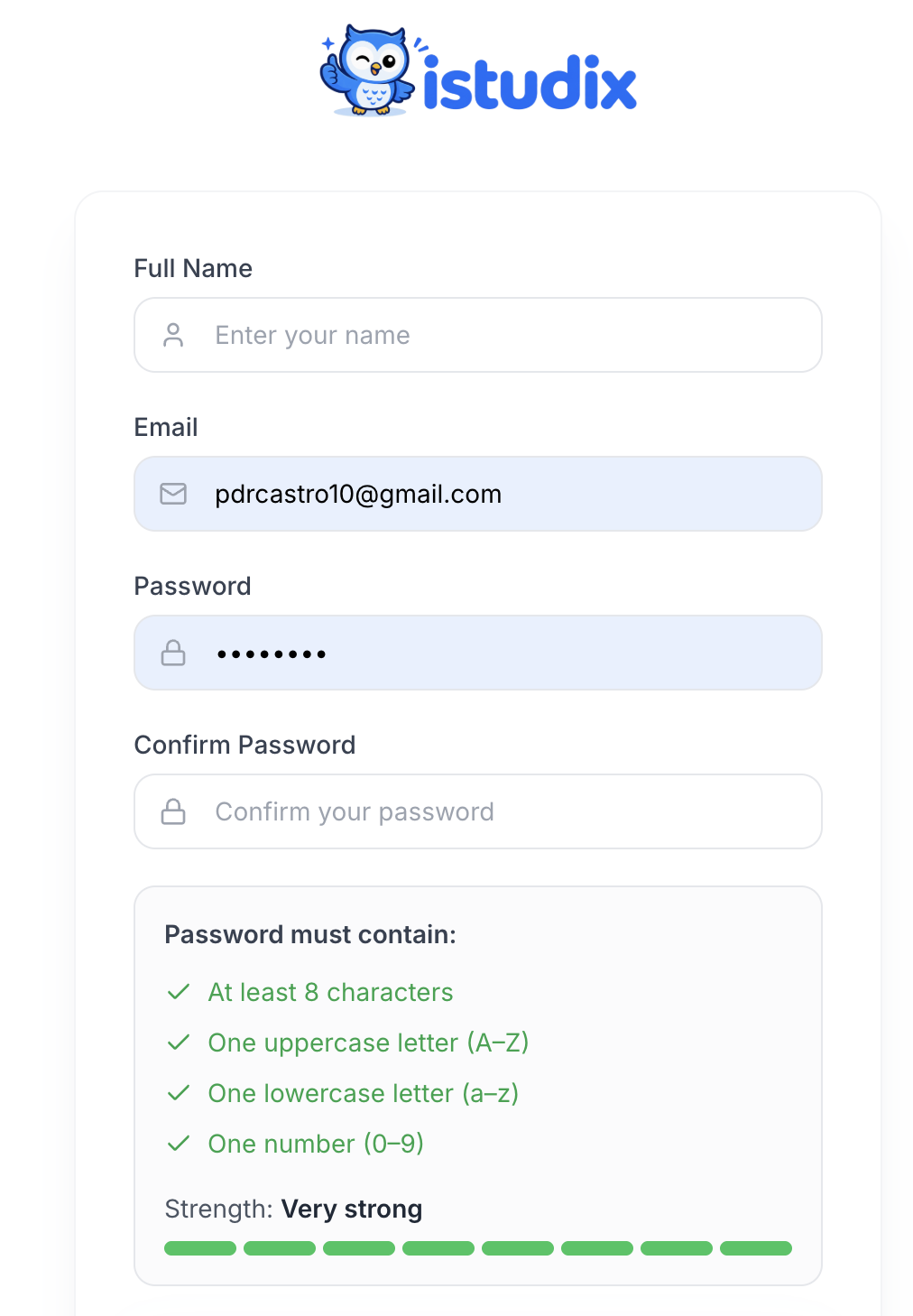 iStudix sign-up form with Full Name, Email, Password, and Confirm Password fields and the password requirements checklist
