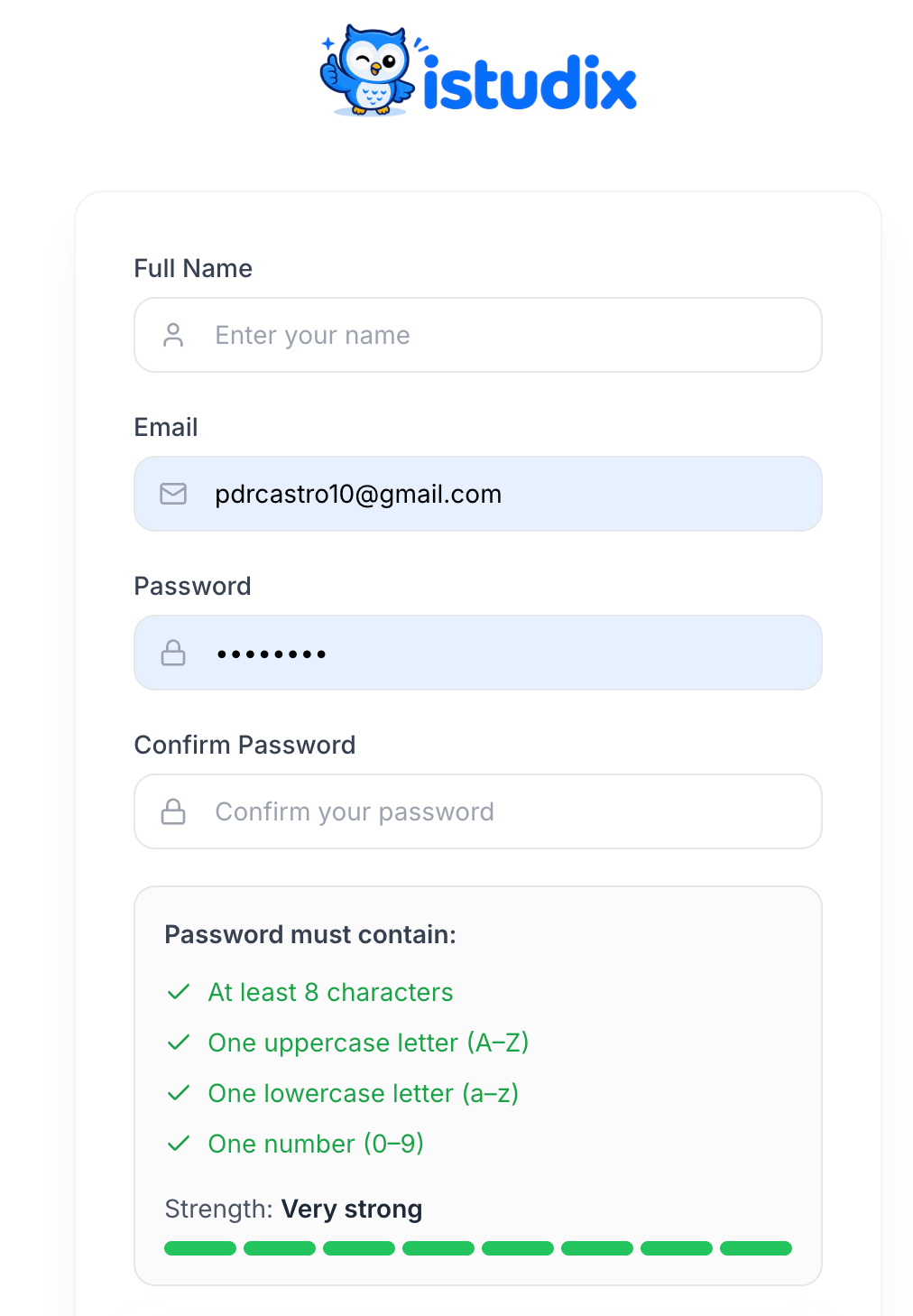 iStudix sign-up form with Full Name, Email, Password, and Confirm Password fields and the password requirements checklist