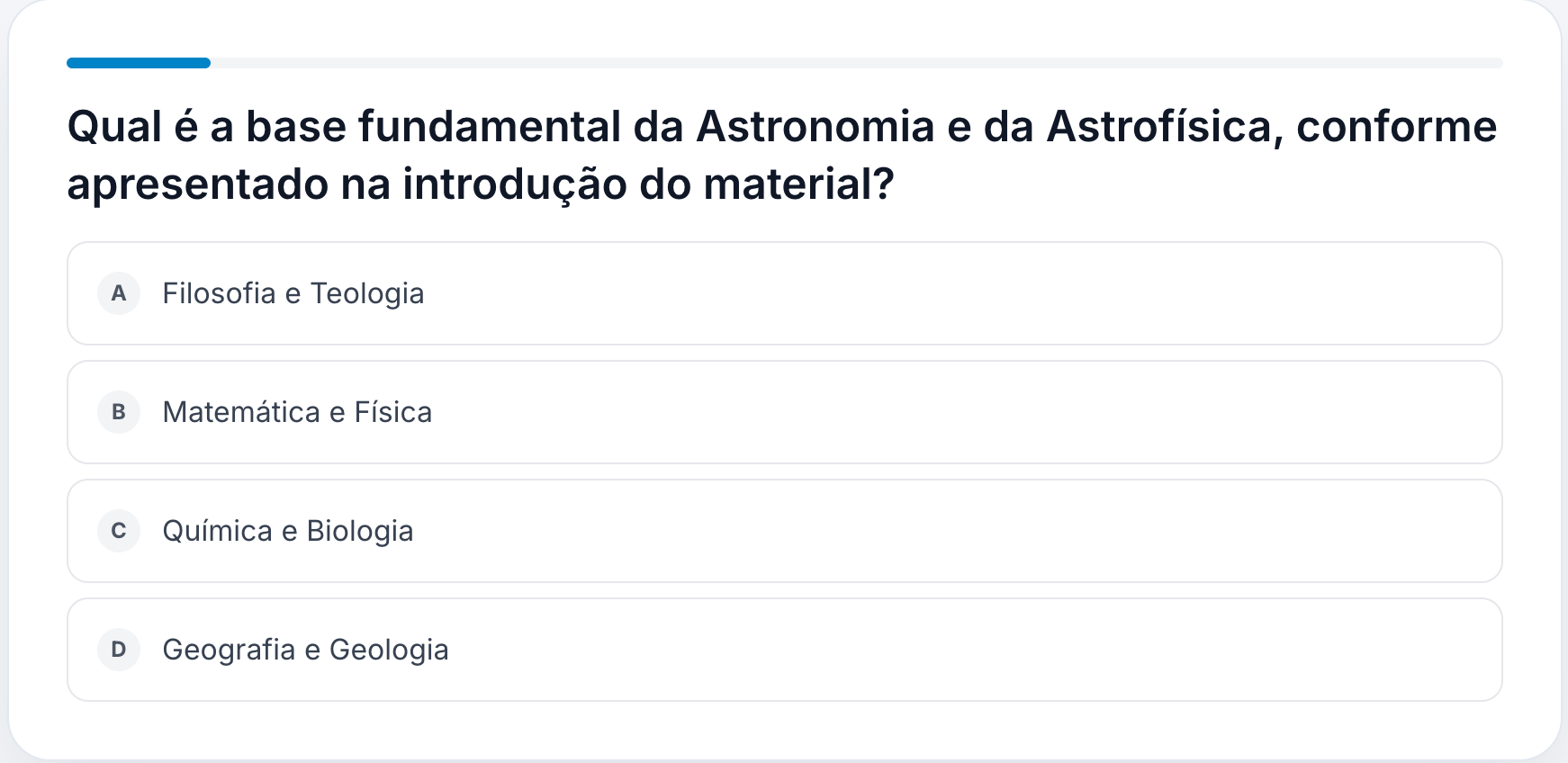 iStudix quiz question with four multiple-choice answers labeled A to D and a progress bar
