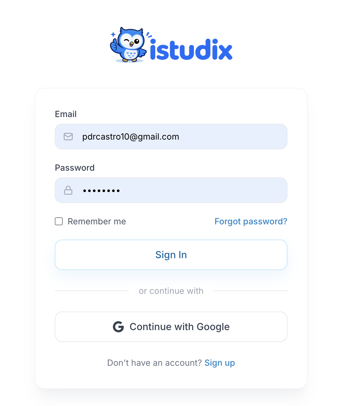 iStudix sign-in screen with Email and Password fields, Remember me, Forgot password, Sign In, and Continue with Google