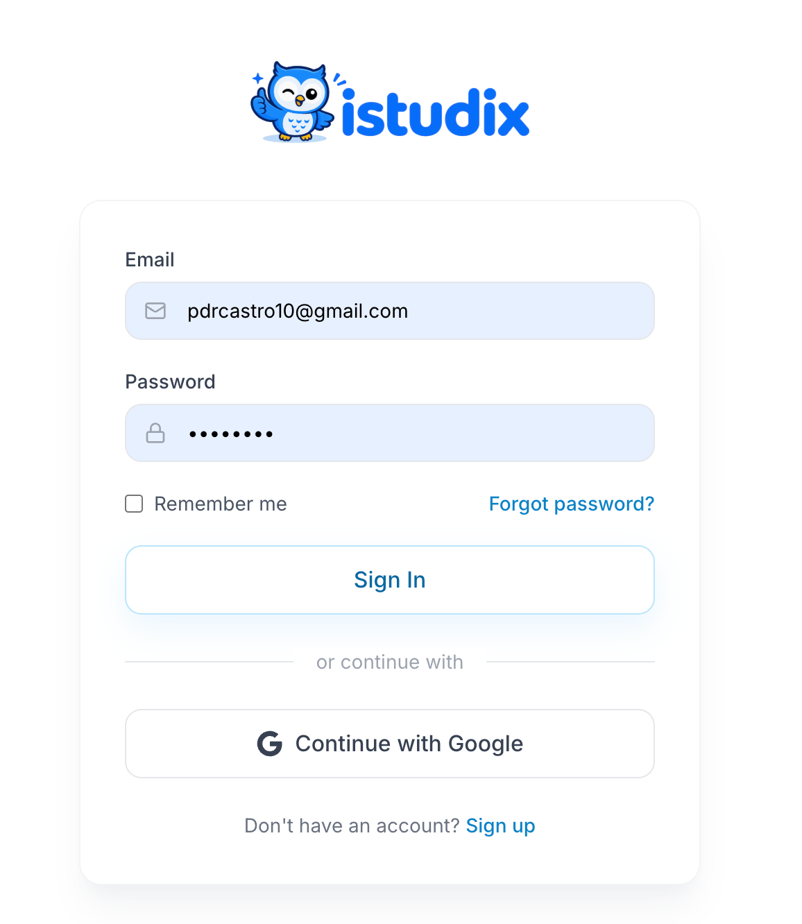 iStudix sign-in screen with Email and Password fields, Remember me, Forgot password, Sign In, and Continue with Google