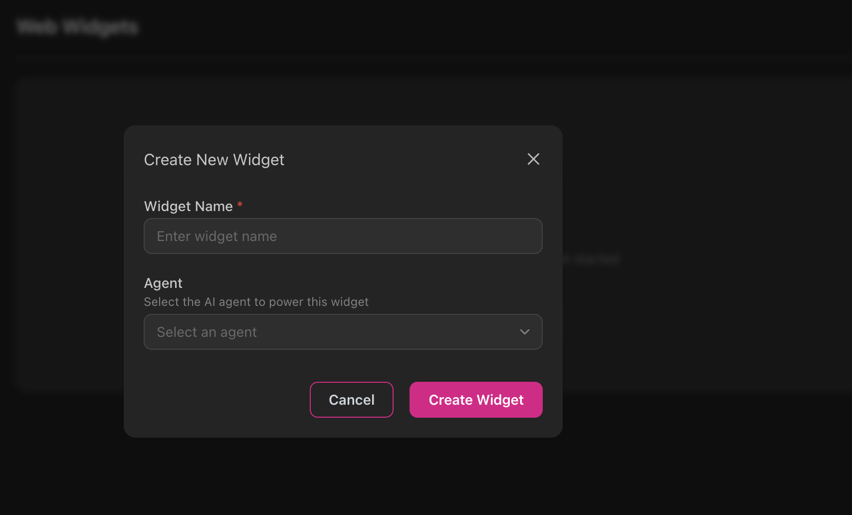 Create Widget dialog showing Widget Name field with placeholder text 'Enter widget name', Agent dropdown to select which agent powers the widget, Cancel and Create Widget buttons