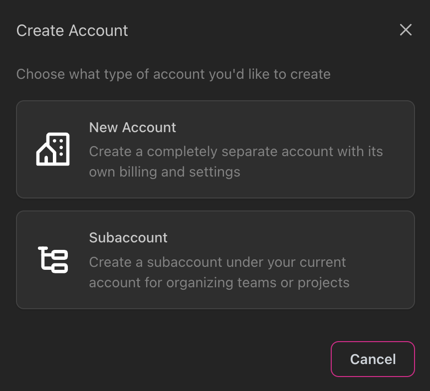 Create Account dialog showing New Account and Subaccount options with descriptions and Cancel button