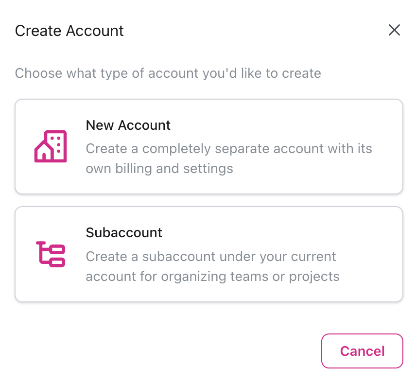 Create Account dialog showing New Account and Subaccount options with descriptions and Cancel button