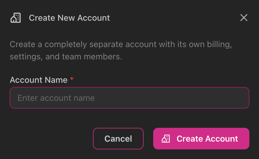 Create New Account dialog with account name input field, Cancel and Create Account buttons
