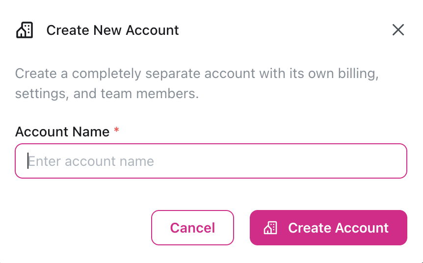 Create New Account dialog with account name input field, Cancel and Create Account buttons