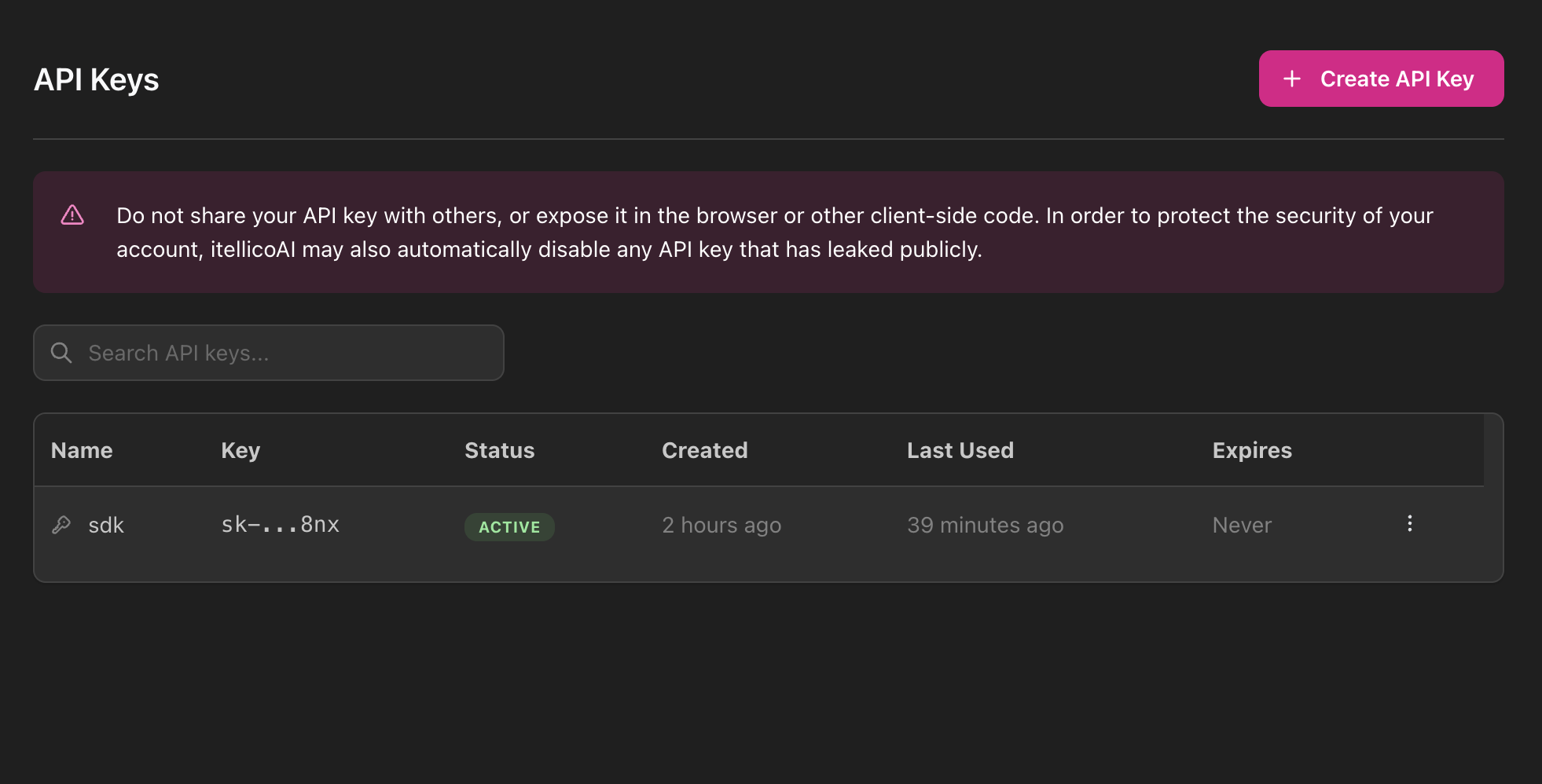 API Keys dashboard showing how to create a new API key