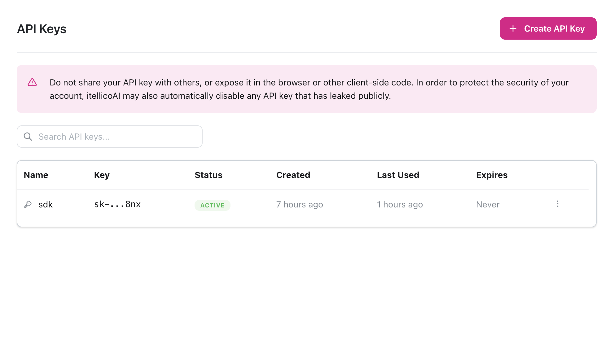 API Keys dashboard showing how to create a new API key
