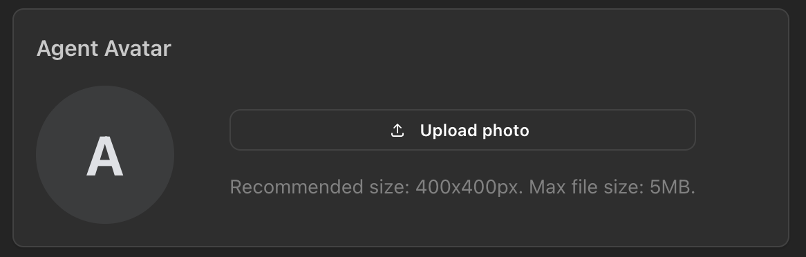 Section de téléchargement d'Avatar d'agent montrant un placeholder d'avatar circulaire avec initiale 'A', bouton Télécharger une photo, et spécifications de taille recommandées (400x400px, max 5MB)