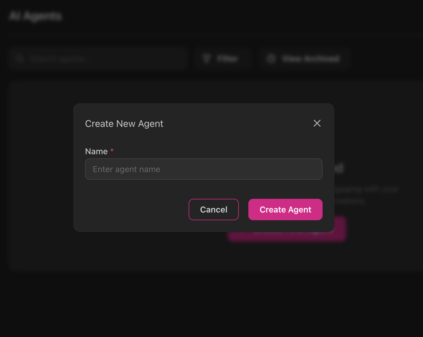 Create New Agent dialog with name field