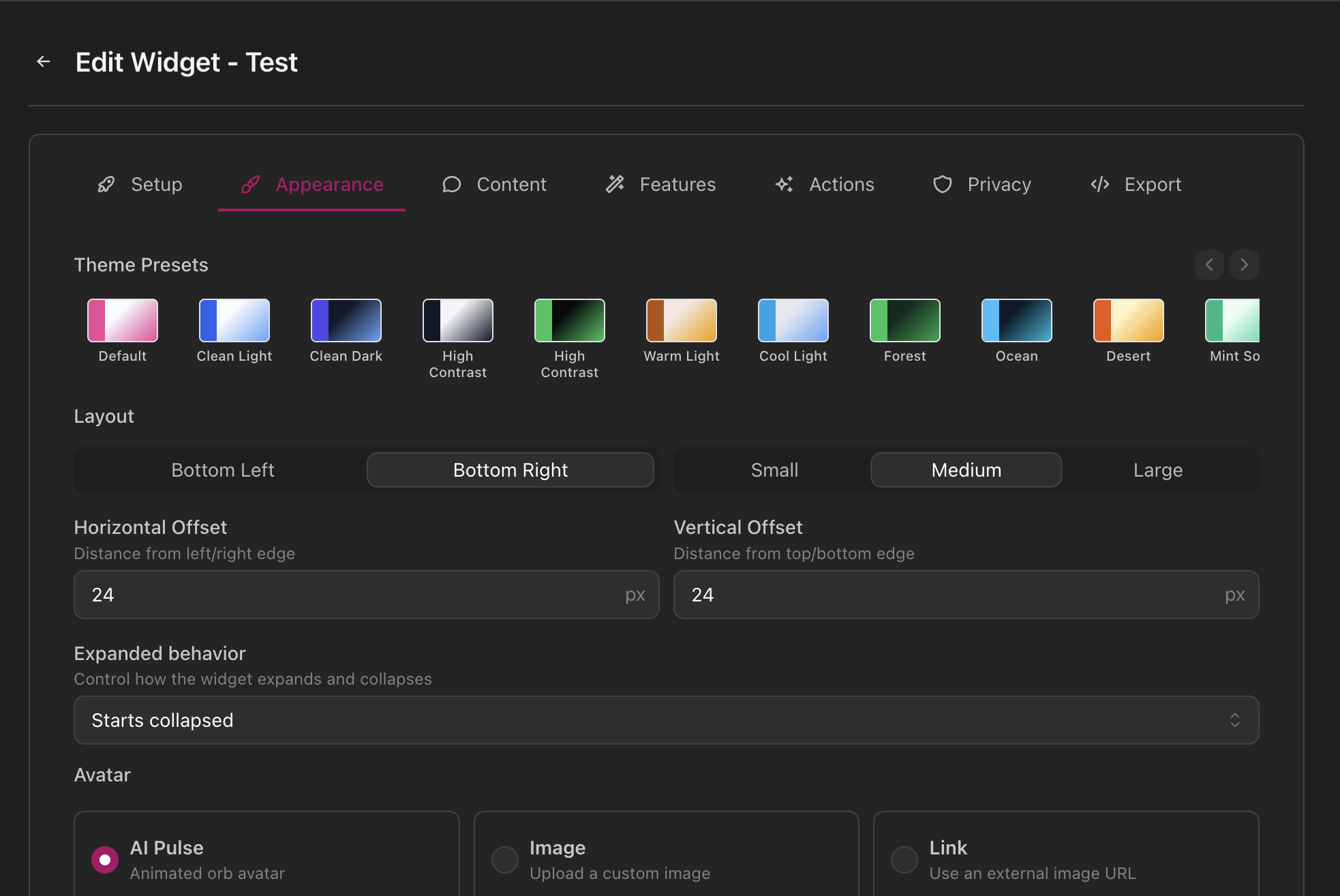Widget configuration interface showing left sidebar with Setup, Appearance, Content, Features, Actions, Privacy, and Export tabs, main configuration panel with Widget Name field, Agent dropdown, Display Name field, and Allowed Domains input, live preview panel on right showing widget appearance