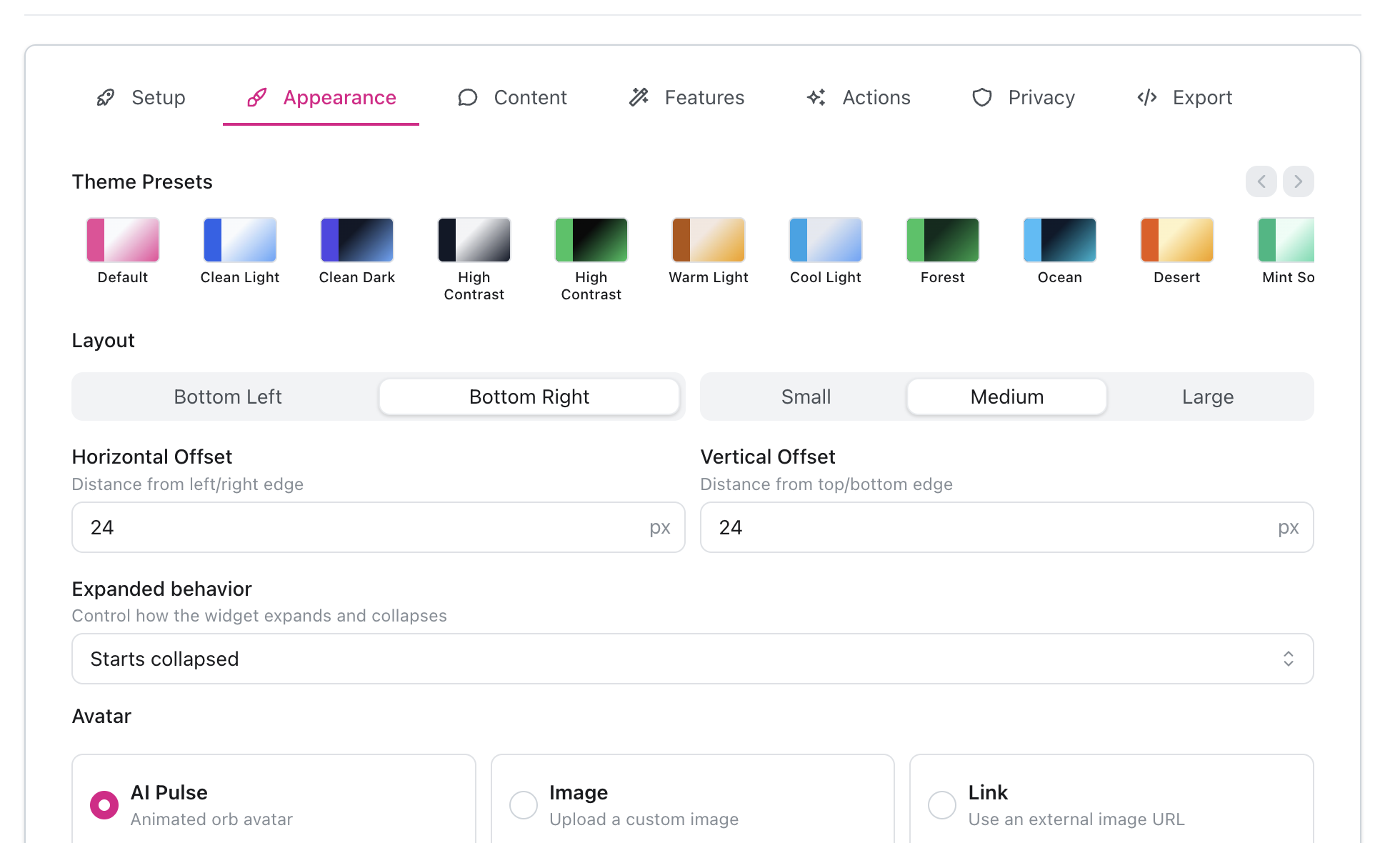 Widget configuration interface showing left sidebar with Setup, Appearance, Content, Features, Actions, Privacy, and Export tabs, main configuration panel with Widget Name field, Agent dropdown, Display Name field, and Allowed Domains input, live preview panel on right showing widget appearance