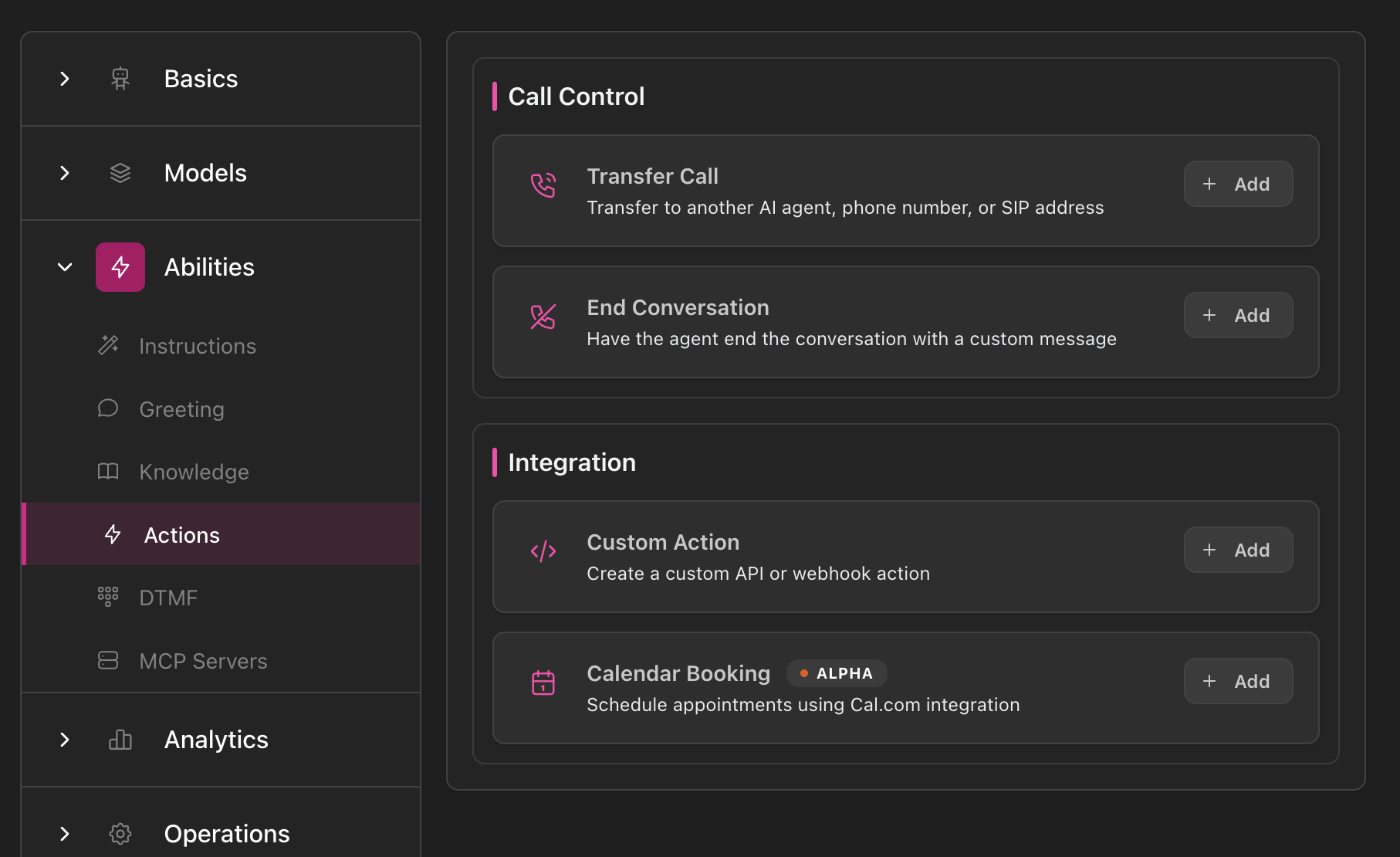 Página de Ações mostrando opção de Agendamento de Calendário na seção Integração