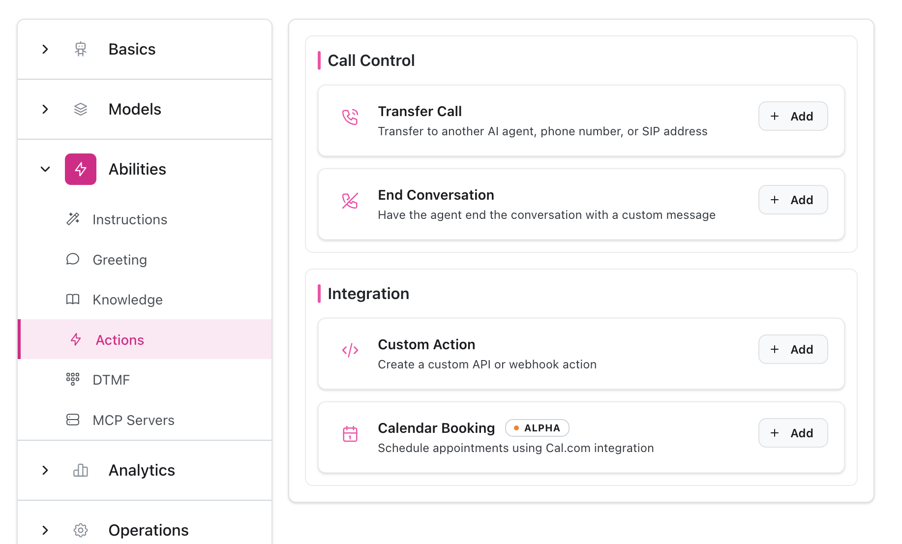 Página de Ações mostrando opção de Agendamento de Calendário na seção Integração