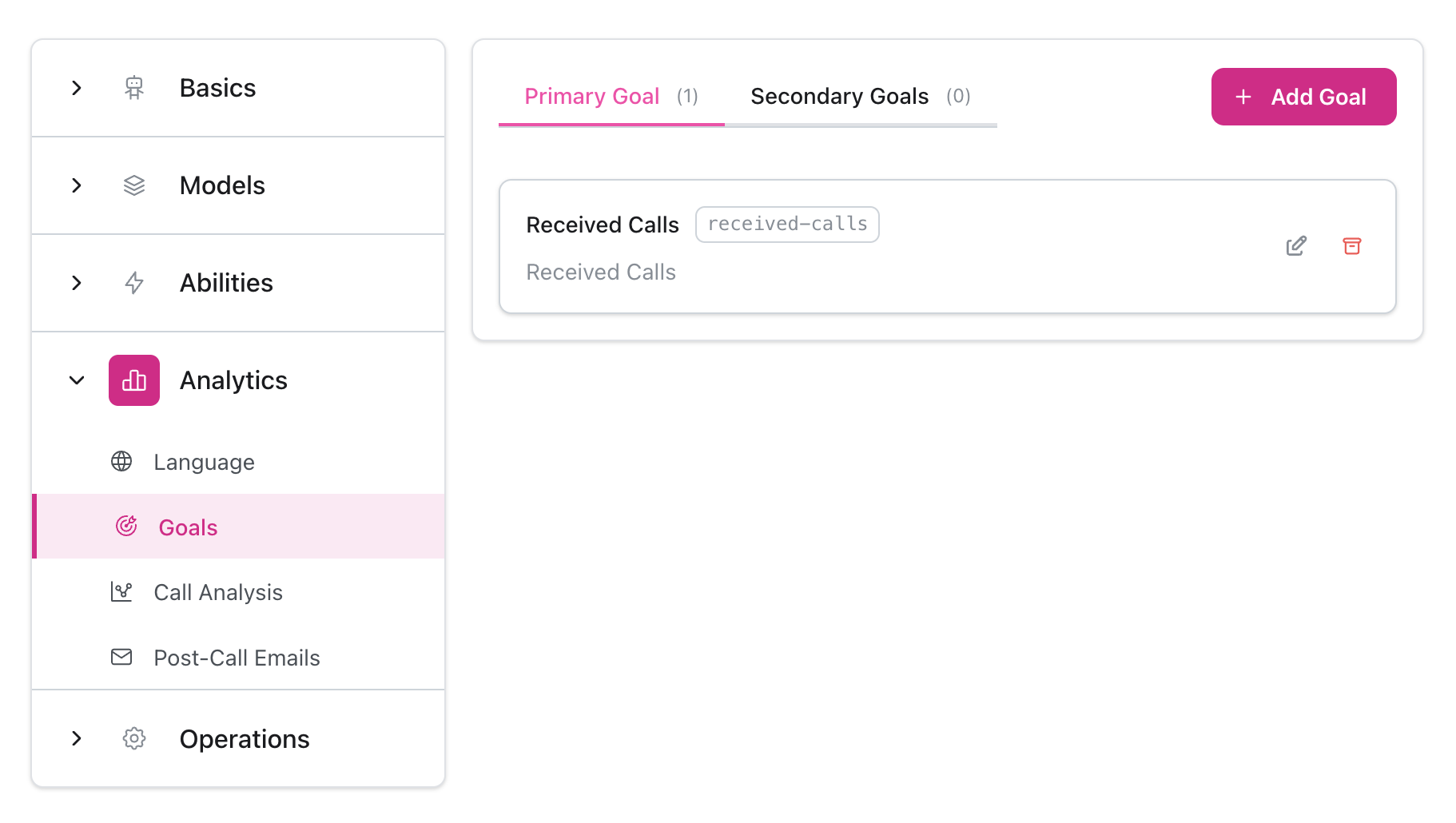 Interface de configuration des objectifs montrant la barre latérale de navigation avec la section Analytics développée et Objectifs sélectionnée, onglet Objectif Principal montrant un objectif 'Appels Reçus' avec l'ID d'objectif 'received-calls' et les icônes éditer/supprimer, onglet Objectifs Secondaires montrant 0 objectifs, et le bouton Ajouter un Objectif en haut à droite