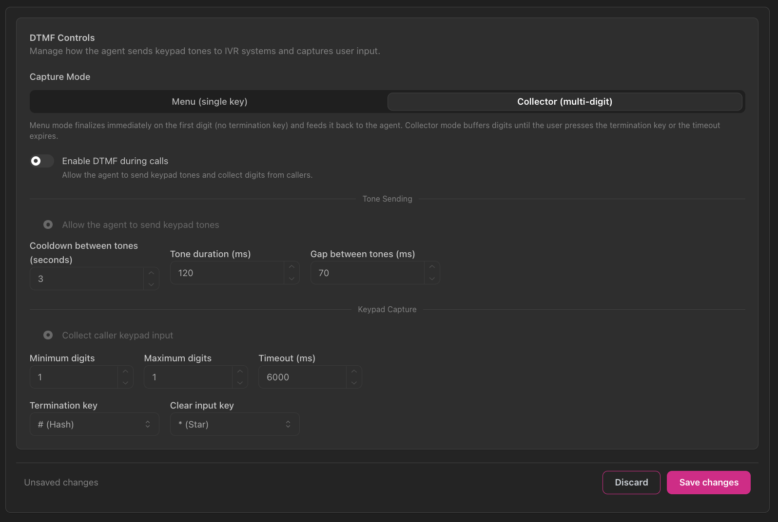 Configuration des contrôles DTMF montrant le mode de capture avec l'onglet Collecteur (multi-chiffres) sélectionné, bouton Activer DTMF, section Envoi de tonalités avec les paramètres délai/durée/écart, section Capture clavier avec le bouton Collecter la saisie clavier de l'appelant, configuration des chiffres minimum/maximum, paramètres de délai, menus déroulants pour la touche de terminaison et la touche d'effacement, et bouton enregistrer les modifications