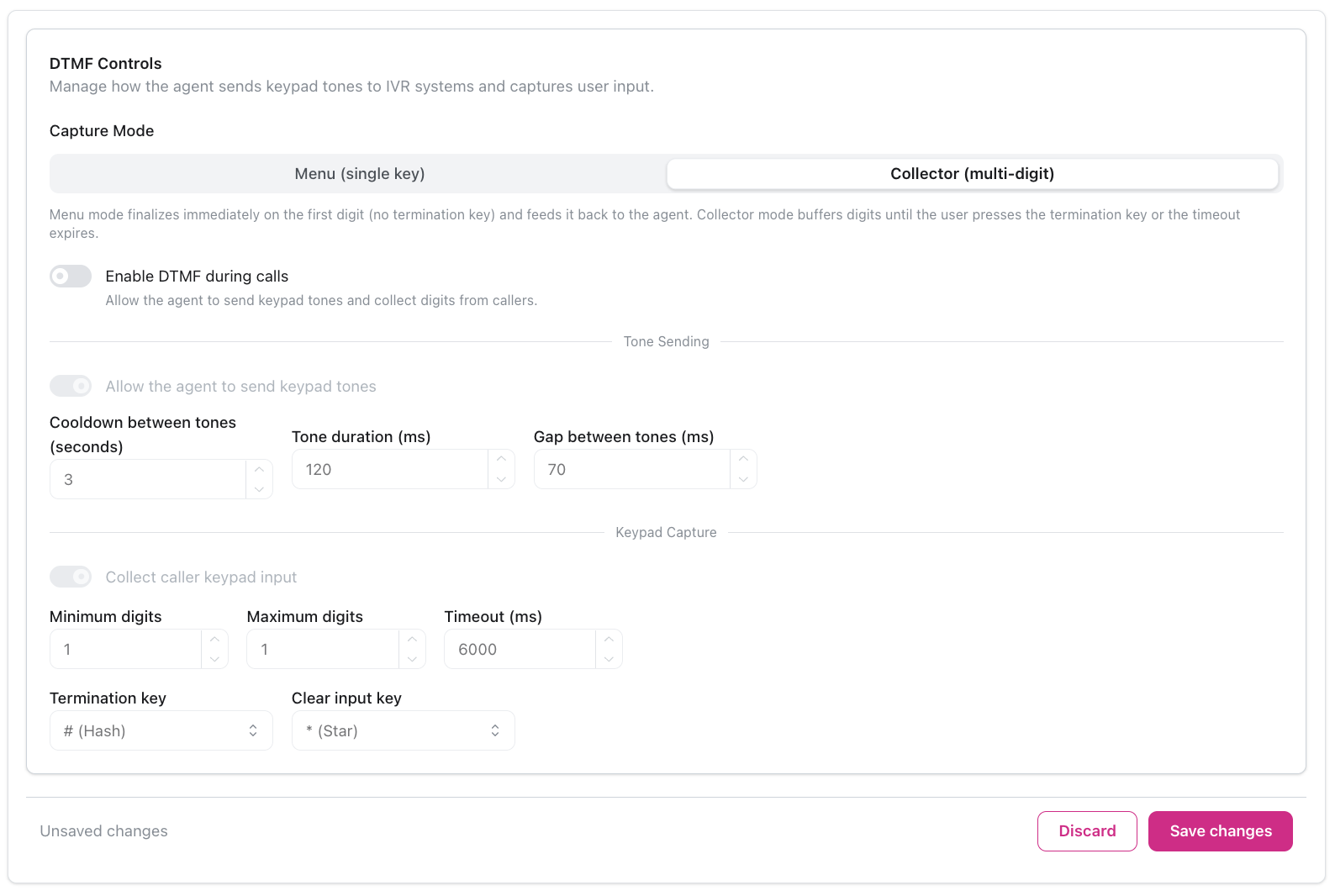 Configuration des contrôles DTMF montrant le mode de capture avec l'onglet Collecteur (multi-chiffres) sélectionné, bouton Activer DTMF, section Envoi de tonalités avec les paramètres délai/durée/écart, section Capture clavier avec le bouton Collecter la saisie clavier de l'appelant, configuration des chiffres minimum/maximum, paramètres de délai, menus déroulants pour la touche de terminaison et la touche d'effacement, et bouton enregistrer les modifications