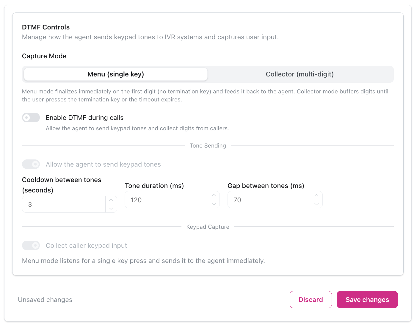 Configuration des contrôles DTMF montrant les options du mode de capture avec les onglets Menu (touche unique) et Collecteur (multi-chiffres), mode Menu sélectionné, bouton Activer le DTMF pendant les appels, section Envoi de tonalités avec le bouton 'Permettre à l'agent d'envoyer des tonalités de clavier' et les paramètres pour le délai entre les tonalités (3 secondes), la durée de la tonalité (120 ms) et l'écart entre les tonalités (70 ms), section Capture clavier avec le bouton 'Collecter la saisie clavier de l'appelant', note expliquant que le mode Menu finalise sur le premier chiffre, et les boutons Annuler/Enregistrer les modifications