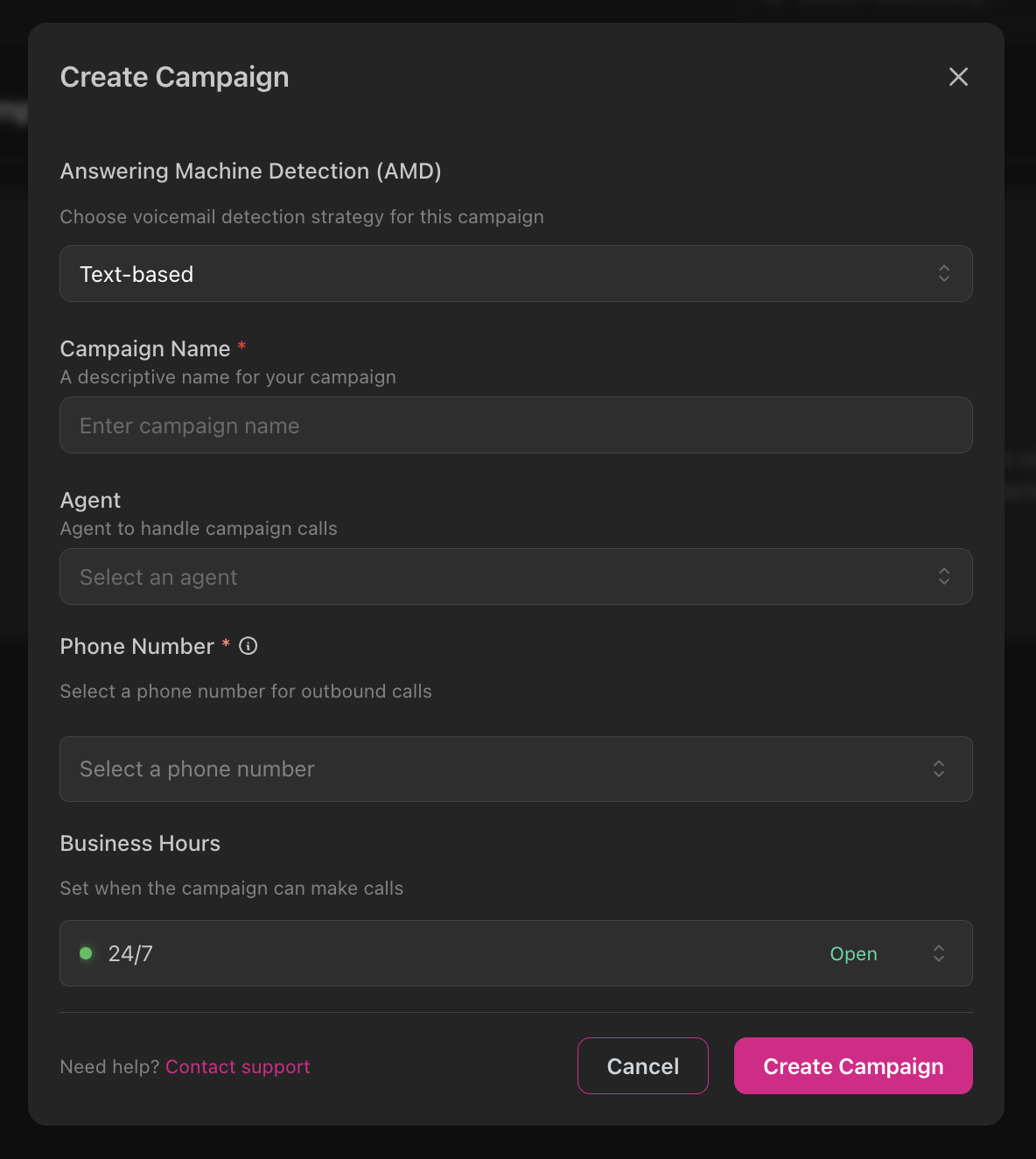 Create Campaign dialog showing Answering Machine Detection (AMD) dropdown with Text-based selected, Campaign Name field with description, Agent dropdown to select agent for campaign calls, Phone Number dropdown to select outbound phone number, Business Hours section showing 24/7 availability with Open status, Cancel and Create Campaign buttons