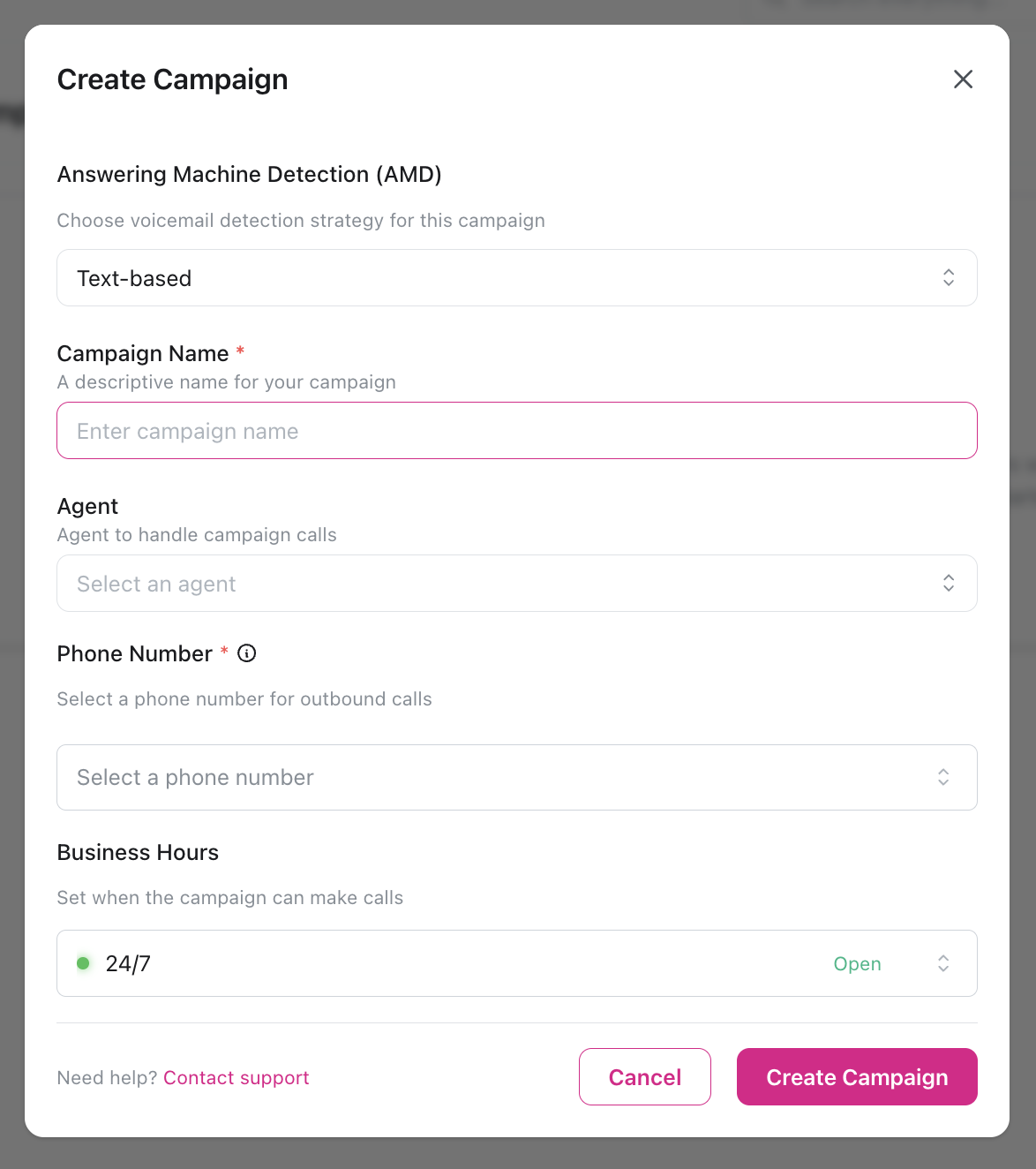 Create Campaign dialog showing Answering Machine Detection (AMD) dropdown with Text-based selected, Campaign Name field with description, Agent dropdown to select agent for campaign calls, Phone Number dropdown to select outbound phone number, Business Hours section showing 24/7 availability with Open status, Cancel and Create Campaign buttons